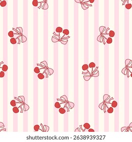 Seamless coquette pattern with red cherries tied in bows on pastel pink and cream vertical stripes. Cute and romantic design perfect for fabric, wallpapers, stationery, packaging. Vector illustration