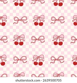 Seamless coquette pattern with red cherries and bows on a pink checkered background. Cute girly design for fabric, packaging, scrapbooking, stationery, and romantic aesthetic projects. Vector art