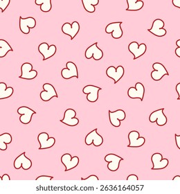 Seamless coquette pattern with red outlined cream hearts on a pink background. Romantic and playful design perfect for girly stationery, Valentines Day, wrapping paper, textiles. Vector illustration