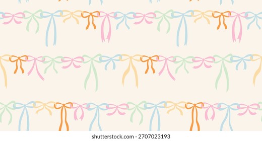 Patrón de coqueta sin fisuras con varios pajaritos pastel atados arcos. Fondo de rayas de moda en blanco. Ilustración vectorial dibujada a mano. Papel de regalo de Festiva, Anuncio de redes sociales, invitación.