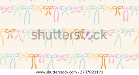 Seamless coquette pattern with various pastel doodle tied bows.Trendy stripe background on white. Hand drawn vector illustration. Holiday wrapping paper, social media banner, invitation.