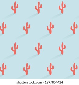 Seamless Coral Cactus With Shadow Pale Blue Background Vector Pattern