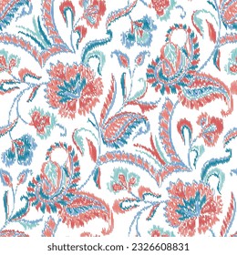 seamless Coral Ikat paisley pattern on white background