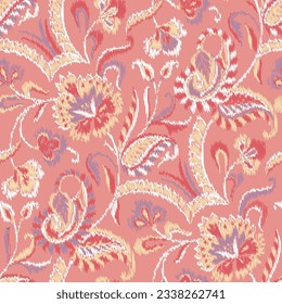 seamless Coral Ikat paisley pattern on background