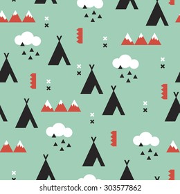 Seamless coral and mint teepee Indian summer woodland with clouds and geometric details kids illustration background pattern in vector