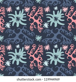Seamless coral pattern - colored (pink, blue, light blue) doodles on dark blue
