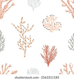 Seamless coral pattern. Exotic marine reef plants, branches and seaweeds, endless background design for fabric, wallpaper, wrapping. Tropical undersea flora, repeating print. Flat vector illustration