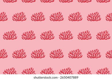 Padrão marinho de recife de coral sem costura com modelo de amostra no painel de amostras, design de vetor de coral vermelho bonito no plano de fundo rosa
