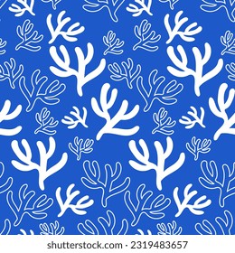 Seamless coral reef pattern. Blue underwater background of the ocean world in vintage style. A hand-drawn underwater natural element. Marine Seamless repeating design for Fabric, Textile, Paper