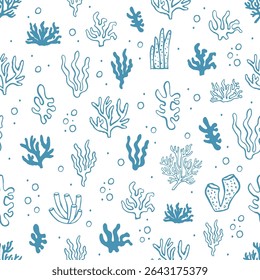 Padrão de recife de coral sem costura com plantas subaquáticas desenhadas à mão e elementos de algas marinhas sobre fundo branco para o oceano, verão, design têxtil e de embalagem