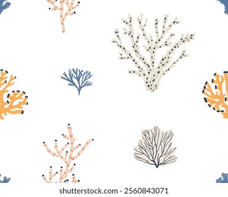 Seamless coral reef pattern. Marine design with sea branches, seaweeds. Endless repeating background, ocean print for wrapping paper, fabric, wallpaper. Repeatable texture. Flat vector illustration