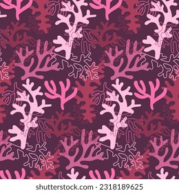 Seamless coral reef pattern. Purple underwater background of the ocean world in vintage style. A hand-drawn underwater natural element. Marine Seamless repeating design for Fabric, Textile, Paper