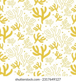 Seamless coral reef pattern. Yellow underwater background of the ocean world in vintage style. A hand-drawn underwater natural element. Marine Seamless repeating design for Fabric, Textile, Paper
