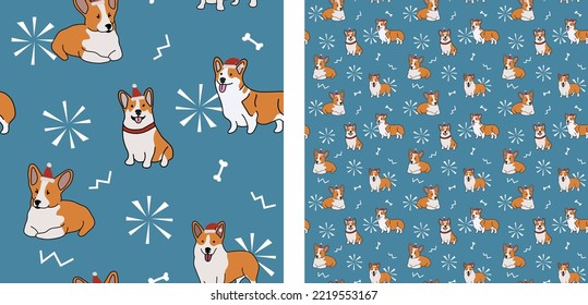 Seamless Corgi dog pattern, holiday texture. Square format, t-shirt, poster, packaging, textile, socks, textile, fabric, decoration, wrapping paper. Trendy hand-drawn dogs wallpaper.