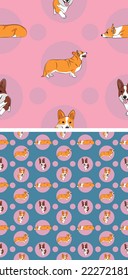 Seamless corgi dog pattern, holiday texture. Square format. Pink, blue packaging, textile, fabric, decoration, wrapping paper.Trendy hand-drawn queen dogs wallpaper. Holiday background with circles.