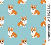 Seamless corgi pattern. Cartoon home pet, set of cute puppies for print. Vector corgi animal background. Funny little doggy seamless pattern