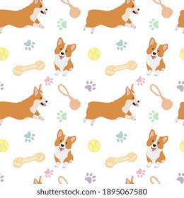 Seamless corgi pattern. Cartoon home pet, set of cute puppies for print, posters and postcard. Vector corgi animal background. Funny little doggy seamless pattern