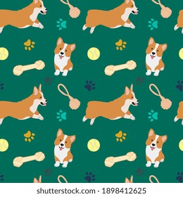 Seamless corgi pattern. Cartoon home pet, set of cute puppies for print, posters and postcard. Vector corgi animal background. Funny little doggy seamless pattern