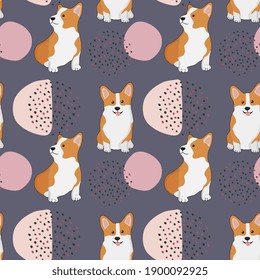 Seamless corgi pattern. Cartoon home pet, set of cute puppies for print, posters and postcard. Vector corgi animal background. Funny little doggy