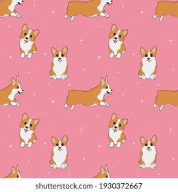 Seamless corgi pattern. Cartoon home pet, set of cute puppies for print, posters and postcard. Vector corgi animal background. Funny little doggy