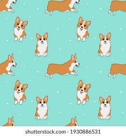 Seamless corgi pattern. Cartoon home pet, set of cute puppies for print, posters and postcard. Vector corgi animal background. Funny little doggy