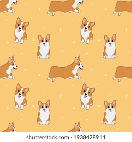 Seamless corgi pattern. Cartoon home pet, set of cute puppies for print, posters and postcard. Vector corgi animal background. Funny little doggy