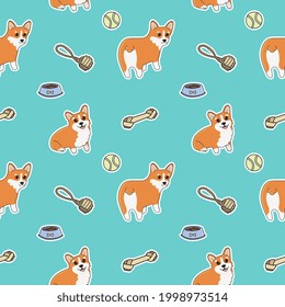 Seamless corgi pattern. Cartoon home pet, set of cute puppies for print, posters and postcard. Vector corgi animal background. Funny little doggy seamless pattern on blue background. 