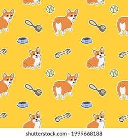 Seamless corgi pattern. Cartoon home pet, set of cute puppies for print, posters and postcard. Vector corgi animal background. Funny little doggy seamless pattern on yellow background. 