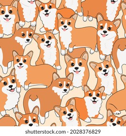 Seamless corgi pattern. Cartoon home pet, set of cute puppies for print, posters and postcard. Vector corgi animal background. Funny little doggy seamless pattern