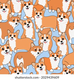 Patrón de corgi sin soldadura. Caricatura de mascota de casa, conjunto de adorables cachorros para imprimir, afiches y postales. Fondo animal vectorial corgi. Gracioso patrón sin costura