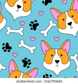 Patrón de corgi sin soldadura. Caricatura de mascota, conjunto de adorables cachorros para imprimir, afiches y postales. Fondo animal vectorial corgi. Gracioso y pequeño patrón sin costuras.