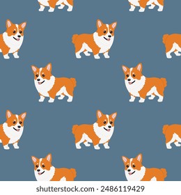 Seamless corgi pattern. Cartoon home pet, set of cute puppies for print. Vector corgi animal background. Funny little doggy seamless pattern