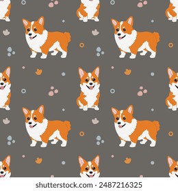 Seamless corgi pattern. Cartoon home pet, set of cute puppies for print. Vector corgi animal background. Funny little doggy seamless pattern