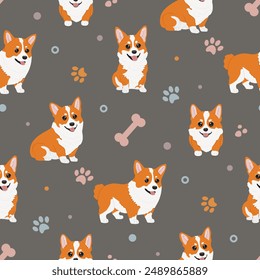 Patrón de corgi sin costuras. Caricatura de mascota de casa, conjunto de lindos cachorros para imprimir. Vector corgi de fondo animal. Patrón sin costura de perrito divertido