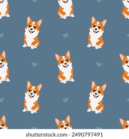 Seamless corgi pattern. Cartoon home pet, set of cute puppies for print. Vector corgi animal background. Funny little doggy seamless pattern