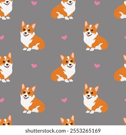 Patrón de corgi sin costuras. Mascota casera de dibujos animados, conjunto de cachorros lindos para imprimir. Fondo animal de corgi de Vector. Divertido pequeño perrito sin patrón