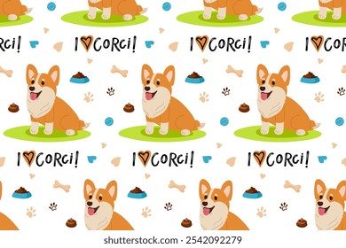 Padrão Corgi Perfeito. Eu amo o texto de Corgi, cão de corgi bonito alegre. Fundo repetido para papel de parede, sucata, envoltório. Personagem filhote de cachorro com expressão de rosto alegre. Ilustração de vetor plano