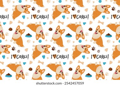 Padrão Corgi Perfeito. Eu amo o texto de Corgi, cão de corgi bonito alegre. Fundo repetido para papel de parede, sucata, envoltório. Personagem filhote de cachorro com expressão de rosto alegre. Ilustração de vetor plano