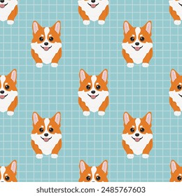 Patrón de corgi sin costuras sobre fondo azul a cuadros. Vector corgi de fondo animal. Patrón sin costura de perrito divertido
