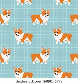 Patrón de corgi sin costuras sobre fondo azul a cuadros. Vector corgi de fondo animal. Patrón sin costura de perrito divertido