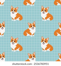 Padrão corgi contínuo no fundo quadriculado azul. Fundo de animal corgi vetorial. Engraçado pequeno cachorrinho padrão sem costura