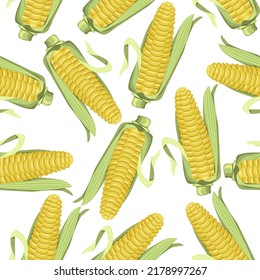 Seamless Corn Cob Pattern On A White Background.The Vector Pattern Can Be Used In Textiles, Packaging, And Supermarket Designs.