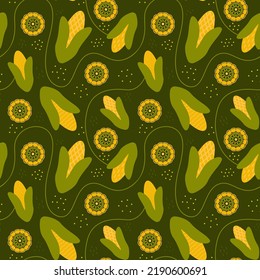 Seamless corn pattern on dark green background in cartoon style for textile print or packaging design, vegetable