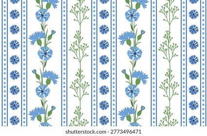 Seamless cornflower stripe pattern with blue Centaurea cyanus flowers, buds, green botanical sprigs and dotted stripes on white. Floral vector repeat for textile, fabric and surface design