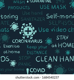 Patrón de fondo de la atención coronavirus sin problemas, reglas covid-19 de la pandemia de cuarentena en el diseño vectorial interminable
