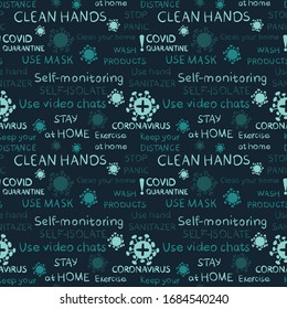 Seamless coronavirus attention background pattern, quarantine pandemic covid-19 rules in endless vector design

