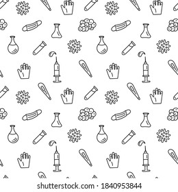 Seamless coronavirus pattern hand-drawn Doodle illustration. Quarantine, pandemic, preventive measures, vaccinations. Vector background