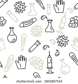 Nahtlose Koronavirus-Muster handgezeichnet Doodle-Illustration. Quarantäne, Pandemie, Präventivmaßnahmen, Impfungen. Vektorhintergrund