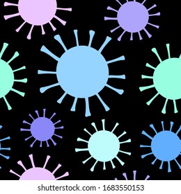 Seamless Coronavirus vector pattern. Sign of 2019-nCoV, MERS-Cov, Novel coronavirus. Black wallpaper with blue lilac virus strain model for medical illustration, web. Covid-19 virus stock background