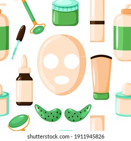 Seamless cosmetic pattern in a flat style. Cosmetic packaging, roller, face mask and patches. Green and beige colors. Vector illustration.